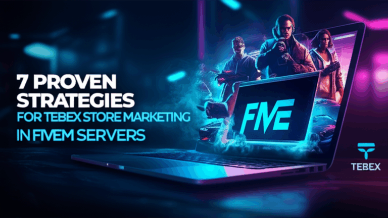 Tebex marketing strategies for FiveM servers shown on laptop.