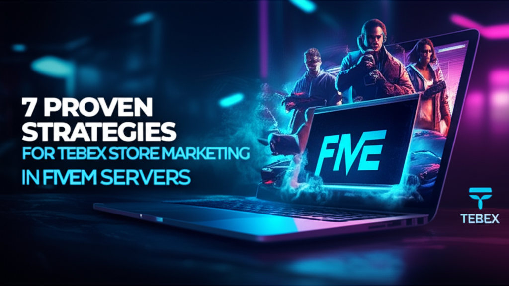 Tebex marketing strategies for FiveM servers shown on laptop.