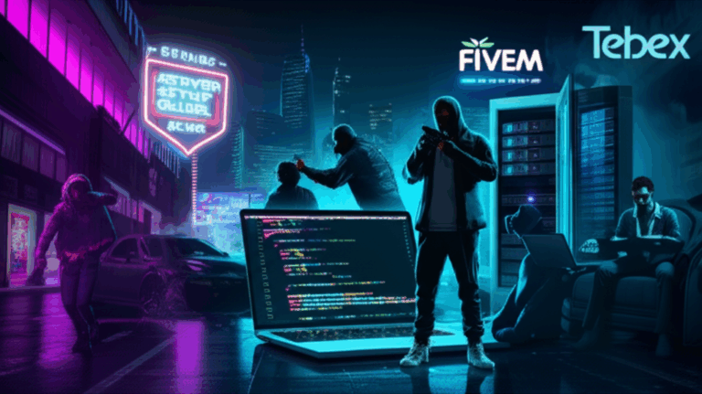 Cyberpunk scene with neon lights and hackers.