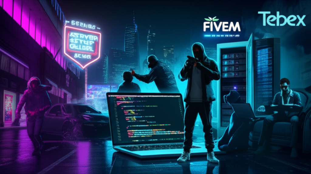 Cyberpunk scene with neon lights and hackers.