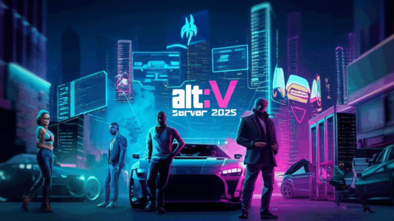 Futuristic cityscape with alt:V server 2025 logo.