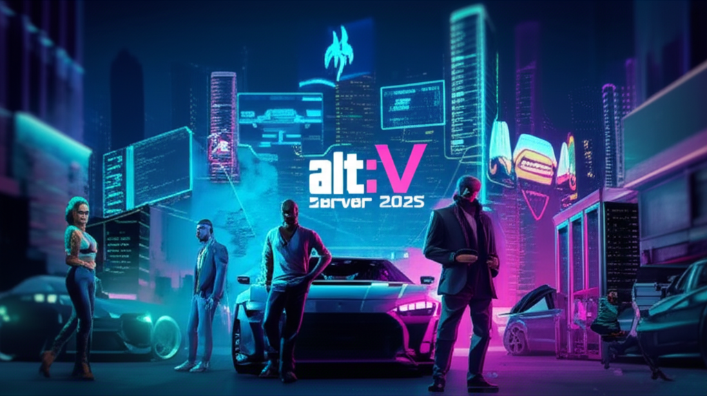 Futuristic cityscape with alt:V server 2025 logo.