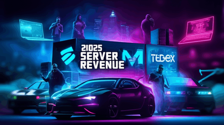 Futuristic cars with digital graphics and server revenue.