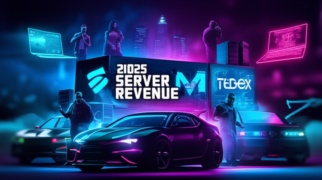 Futuristic cars with digital graphics and server revenue.